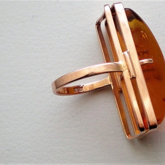 Russian Russia USSR 14K 585 Rose Pink Gold Baltic Honey Amber Cocktail RING - Picture 8 of 11